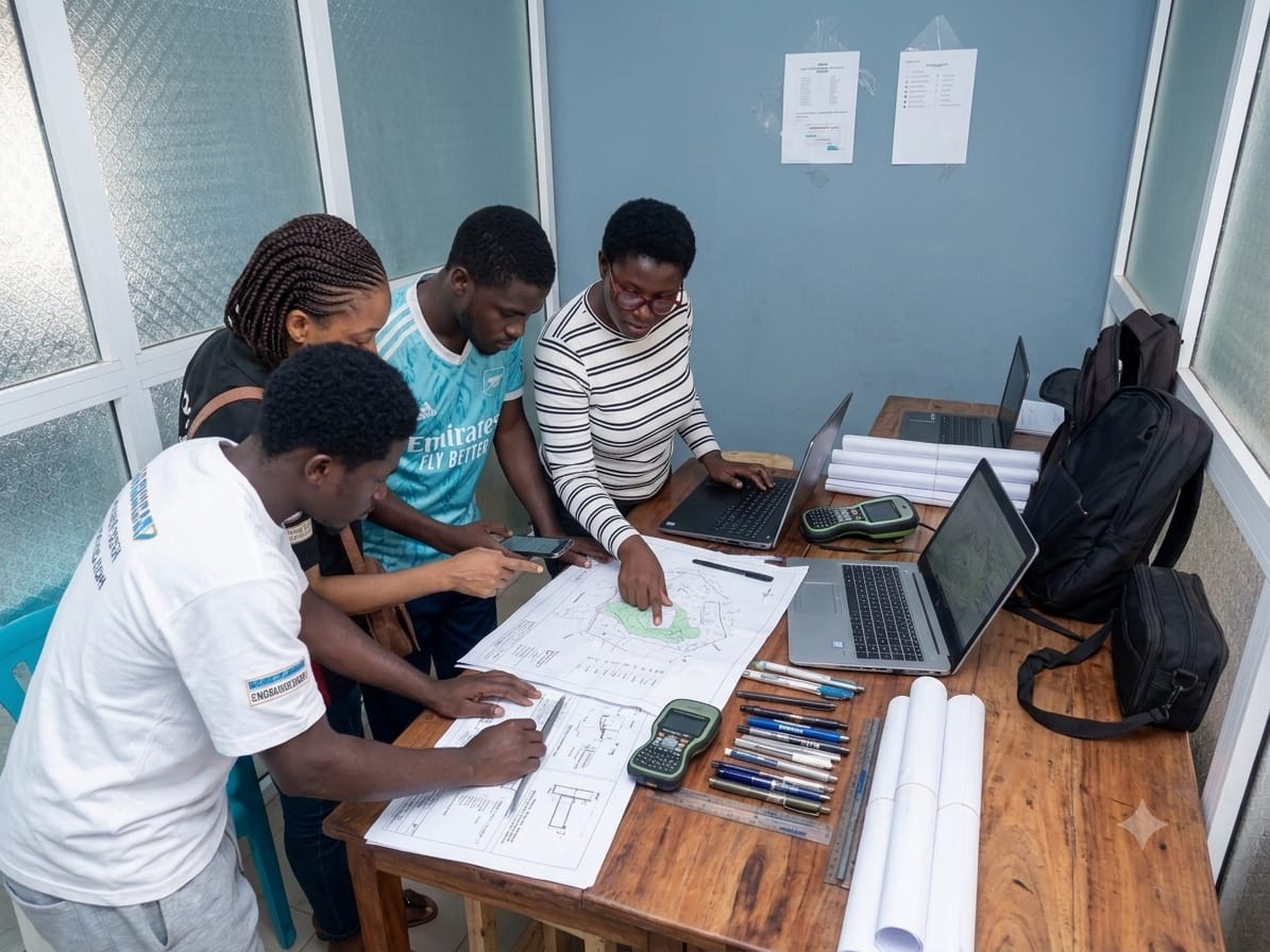 Jeunes ingénieurs au travail dans les locaux de Topo Cameroun Engineering